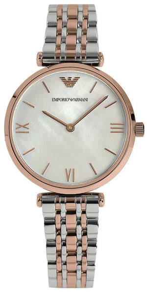 Emporio Armani T Bar Gianni Classic Mother Of Pearl Dial Two Tone Steel Strap Watch For Women - AR1683 Authentic Buy Shop Now