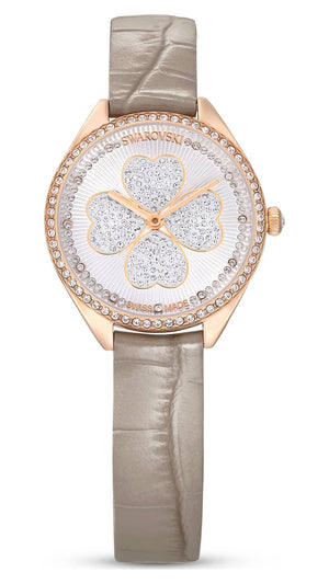 Swarovski Attract Clover Crystals Silver Dial Grey Leather Strap Watch for Women - 5653350 Authentic Buy Shop Now