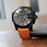 Diesel Mega Chief Chronograph Grey Dial Brown Leather Strap Watch For Men - DZ4463 Authentic Buy Shop Now
