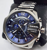 Diesel Mega Chief Chronograph Blue Dial Silver Steel Strap Watch For Men - DZ4417 Authentic Buy Shop Now