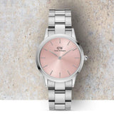 Daniel Wellington Iconic Link Pink Dial Silver Steel Strap Watch For Women - DW00100327 Authentic Buy Shop Now
