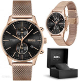 Hugo Boss Associate Black Dial Rose Gold Mesh Bracelet Watch for Men - 1513806 Authentic Buy Shop Now
