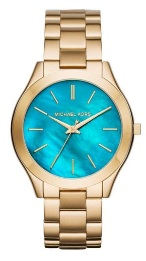 Michael Kors Slim Runway Blue Mother of Pearl Dial Gold Steel Strap Watch for Women - MK3492 Authentic Buy Shop Now
