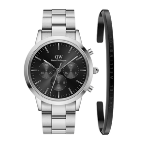 Daniel Wellington Iconic Chronograph Link Black Dial Silver Steel Strap Watch For Men - DW00100645 Authentic Buy Shop Now