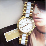 Michael Kors Slim Runway Quartz White Dial Two Tone Steel Strap Watch For Women - MK4295 Authentic Buy Shop Now