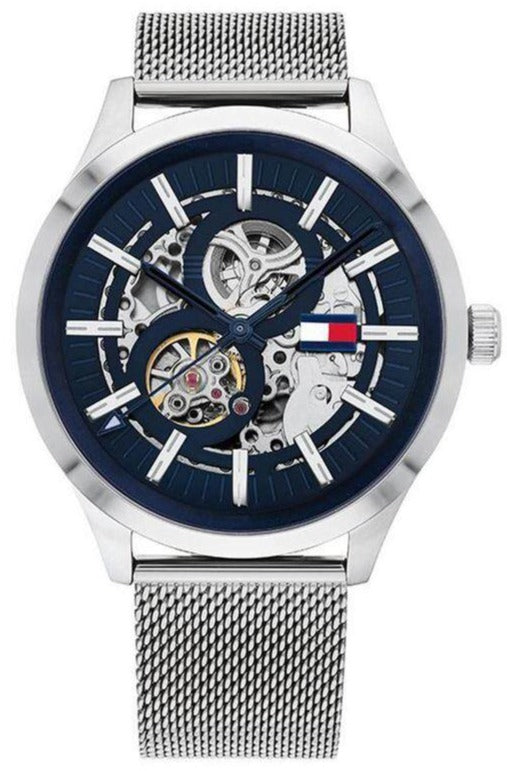 Tommy Hilfiger Spencer Skeleton Black Dial Silver Mesh Bracelet Watch for Men - 1791643 Authentic Buy Shop Now