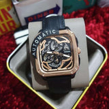 Fossil Inscription Automatic Skeleton Rose Gold Dial Black Leather Strap Watch for Men - BQ2572 Authentic Buy Shop Now