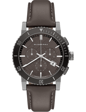 Burberry The City Chronograph Ion Plated Grey Dial Grey Leather Strap Watch for Men - BU9384 Authentic Buy Shop Now