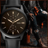 Fossil Goodwin Chronograph Black Dial Black Leather Strap Watch for Men - FS5585 Authentic Buy Shop Now