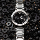 Emporio Armani Mario Chronograph Black Dial Silver Steel Strap Watch For Men - AR11241 Authentic Buy Shop Now