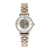 Emporio Armani Gianni T Bar Silver Skeleton Dial Two Tone Strap Watch For Women - AR1992 Authentic Buy Shop Now