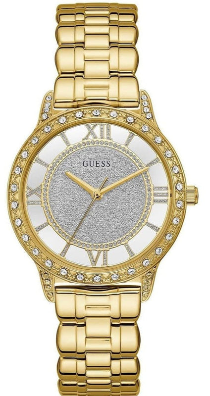Guess Analog Diamonds Silver Dial Gold Steel Strap Watch For Women - W1013l2 Authentic Buy Shop Now