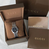 Gucci G Timeless Diamonds Mother of Pearl Black Dial Silver Steel Strap Watch For Women - YA126505 Authentic Buy Shop Now