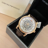 Emporio Armani Meccanico Silver Skeleton Dial Brown Leather Strap Watch For Men - AR1983 Authentic Buy Shop Now