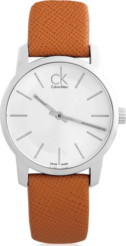 Calvin Klein City Silver Dial Light Brown Leather Strap Watch For Women- K2G23120 Authentic Buy Shop Now