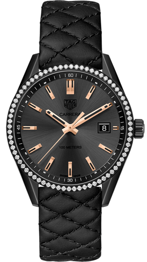 Tag Heuer Carrera Diamonds Anthracite Black Dial Black Leather Strap Watch for Women - WAR1115.FC6392 Authentic Buy Shop Now