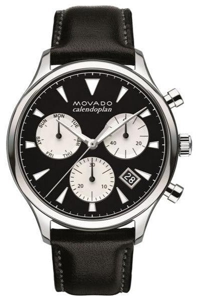 Movado Heritage Chronograph Black Dial Black Leather Strap Watch for Men - 3650005 Authentic Buy Shop Now