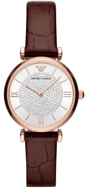 Emporio Armani Gianni T-Bar Silver Dial Brown Leather Strap Watch For Women - AR11269 Authentic Buy Shop Now