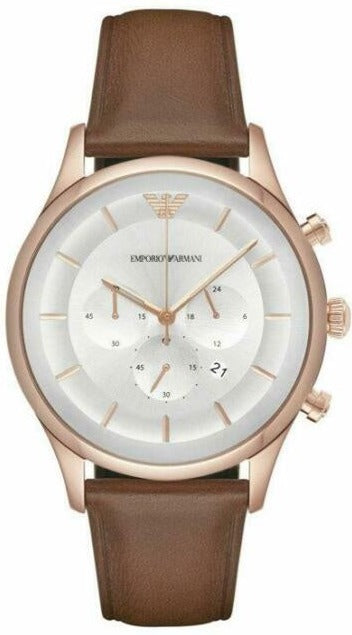 Emporio Armani Quartz Silver Dial Brown Leather Strap Watch For Men - AR11043 Authentic Buy Shop Now