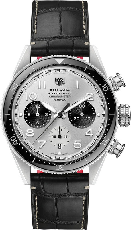 Tag Heuer Autavia Chronometer Flyback Chronograph Silver Dial Black Leather Strap Watch for Men - CBE511B.FC8279 Authentic Buy Shop Now