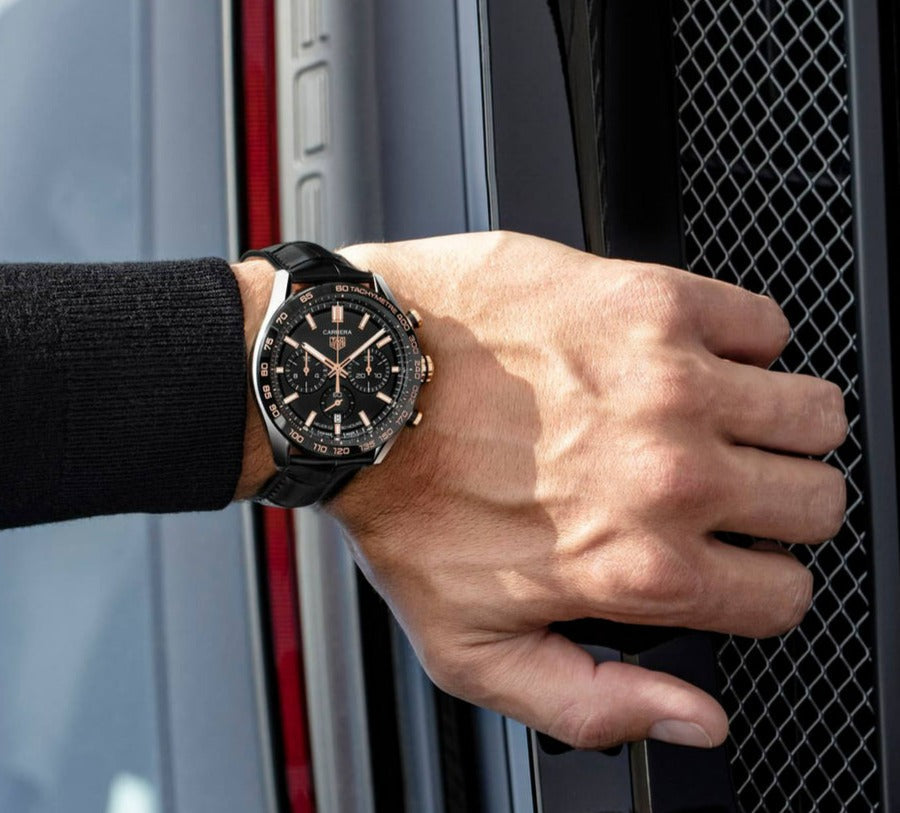 Tag Heuer Carrera Chronograph Black Dial Black Leather Strap Watch for Men - CBN2A5A.FC6481 Authentic Buy Shop Now