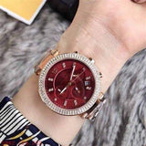 Michael Kors Parker Chronograph Red Dial Rose Gold Steel Strap Watch For Women - MK6106 Authentic Buy Shop Now