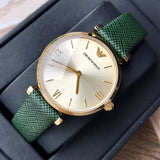 Emporio Armani Retro Champagne Beige Dial Green Leather Strap Watch For Women - AR1726 Authentic Buy Shop Now