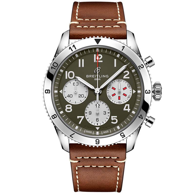 Breitling Avi Chronograph 42 Curtiss Warhawk Green Dial Brown Leather Strap Watch for Men - A233802A1L1X1 Authentic Buy Shop Now