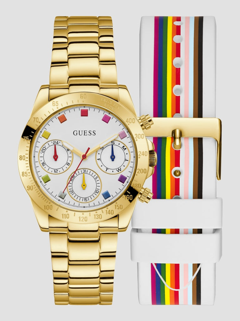 Guess Exclusive Multi Color White Dial Gold Steel Strap Watch for Women - GW0457L1 Authentic Buy Shop Now
