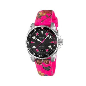 Gucci Dive Quartz Black Dial Pink Leather Strap Watch For Women - YA136326 Authentic Buy Shop Now