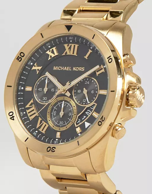 Michael Kors Brecken Chronograph Quartz Black Dial Gold Steel Strap Watch For Men - MK8481 Authentic Buy Shop Now