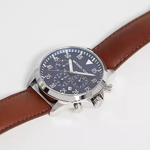 Michael Kors Gage Chronograph Blue Dial Brown Leather Strap Watch For Men - MK8362 Authentic Buy Shop Now
