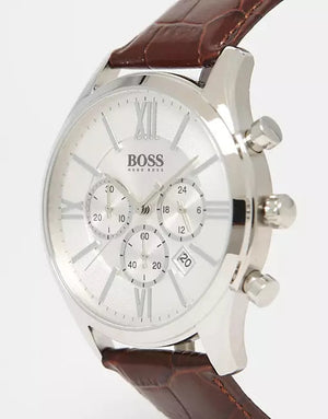 Hugo Boss Ambassador Chronograph Silver Dial Brown Leather Strap Watch For Men - HB1513195 Authentic Buy Shop Now