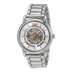Emporio Armani Meccanico Skeleton Silver Dial Silver Steel Strap Watch For Men - AR1980 Authentic Buy Shop Now