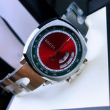Gucci Grip Quartz Chronograph Red Dial Silver Steel Strap Watch For Men - YA157303 Authentic Buy Shop Now