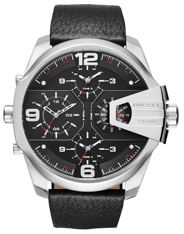Diesel Uber Chief Oversized 4 Time Black Dial Leather Strap Watch For Men - DZ7376 Authentic Buy Shop Now