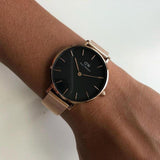 Daniel Wellington Petite Melrose Black Dial Rose Gold Mesh Strap Watch For Women - DW00100303 Authentic Buy Shop Now