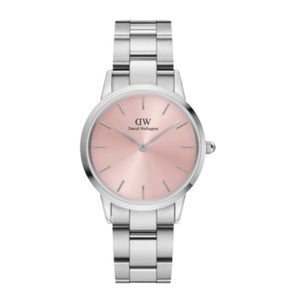 Daniel Wellington Iconic Pink Dial Silver Steel Strap Watch For Women - DW00100329 Authentic Buy Shop Now