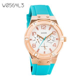 Guess Jet Setter White Dial Turquoise Silicone Strap Watch For Women - W0564L3 Authentic Buy Shop Now