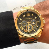 Michael Kors Brecken Chronograph Quartz Black Dial Gold Steel Strap Watch For Men - MK8481 Authentic Buy Shop Now
