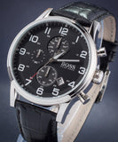 Hugo Boss Aeroliner Chronograph Black Dial Black Leather Strap Watch For Men - 1512448 Authentic Buy Shop Now
