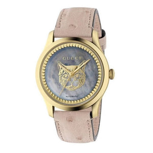 Gucci G Timeless Skeleton 16K Gold Mother of Pearl Dial Pink Leather Strap Watch For Women - YA1264110 Authentic Buy Shop Now