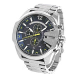 Diesel Mega Chief Chronograph Blue Dial Silver Steel Strap Watch For Men - DZ4465 Authentic Buy Shop Now