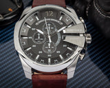 Diesel Mega Chief Chronograph Black Dial Brown Leather Strap Watch For Men - DZ4290 Authentic Buy Shop Now
