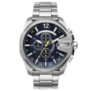 Diesel Mega Chief Chronograph Blue Dial Silver Steel Strap Watch For Men - DZ4465 Authentic Buy Shop Now