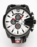 Diesel Mega Chief Chronograph Silver Dial Black Leather Strap Watch For Men - DZ4512 Authentic Buy Shop Now