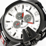 Diesel Mega Chief Chronograph Silver Dial Black Leather Strap Watch For Men - DZ4512 Authentic Buy Shop Now