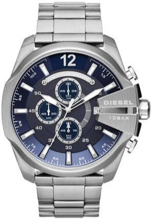 Diesel Mega Chief Chronograph Blue Dial Silver Steel Strap Watch For Men - DZ4417 Authentic Buy Shop Now