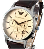 Emporio Armani Classic Chronograph Beige Dial Brown Leather Strap Watch For Men - AR2433 Authentic Buy Shop Now