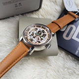 Fossil Boyfriend Automatic Skeleton Silver Dial Brown Leather Strap Watch for Women - ME3109 Authentic Buy Shop Now